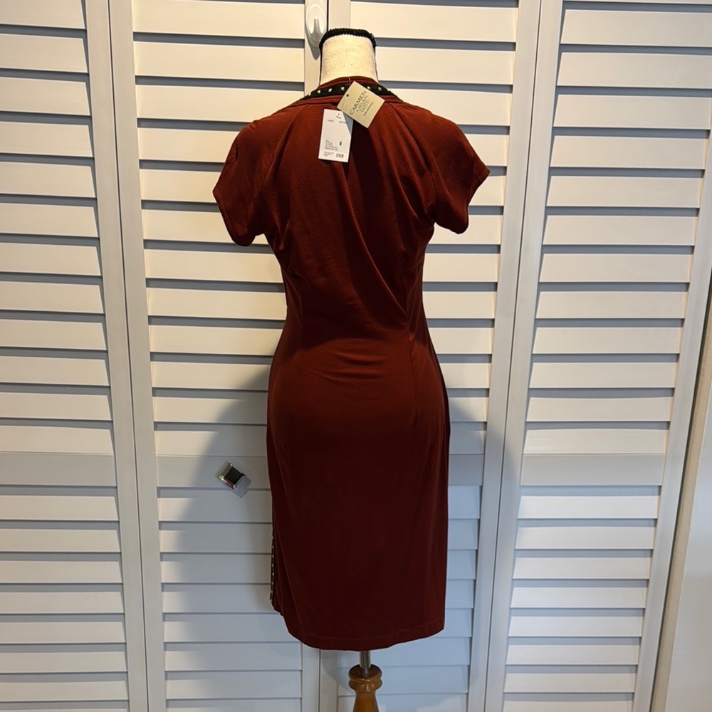Carmen Marc Valvo NWT V-Neck with gold studs and Leather trim Midi Dress. - Picture 6 of 10